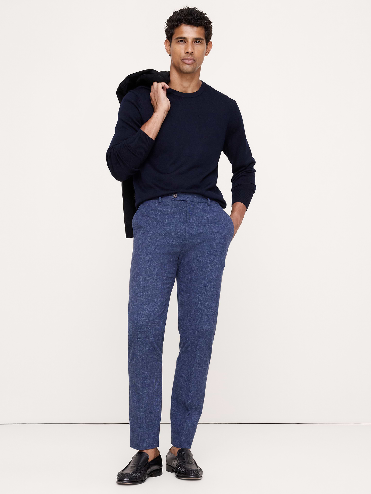 Image 1 of 8, These slim-fit dress pants are cut from a dressed-up fabric we sourced for its crisp appearance, subtle stretch, and natural wrinkle-resistance thanks to the high twist of the yarn. Breathable, Wrinkle-Resistant, Stretch, Tailored Slim Fit: Mid-rise. Tapered slim leg., Zip fly with button-tab waistband., Belt loops and after-dinner split detail at back., Front and back pockets., Unlined., Product #649136
