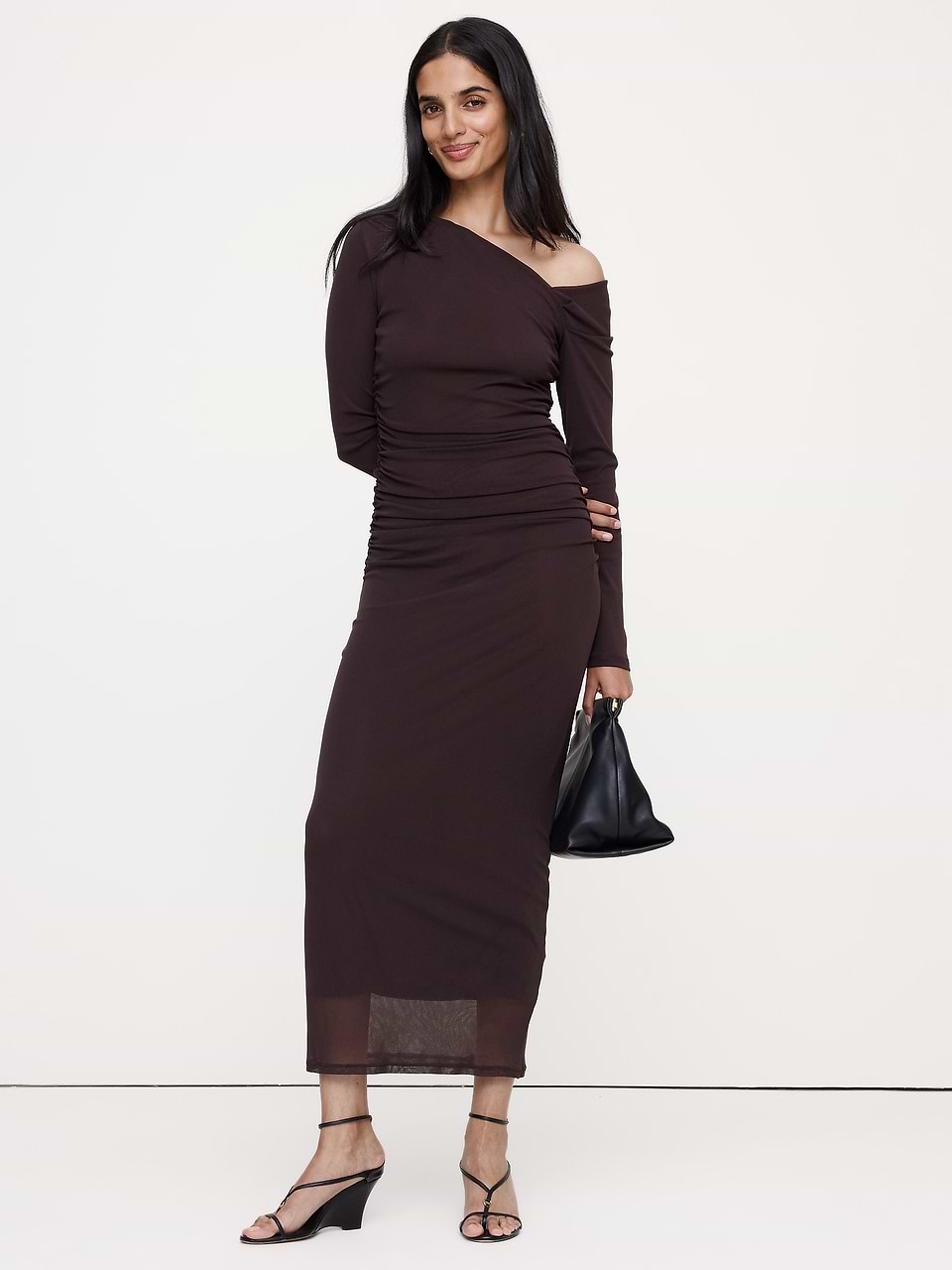 Mesh Asymmetric Ruched Maxi Dress