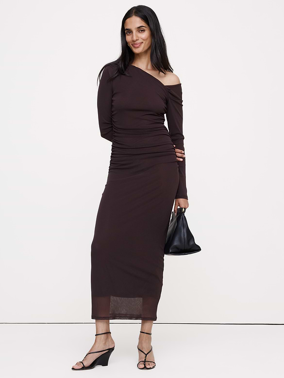 Mesh Asymmetric Ruched Maxi Dress