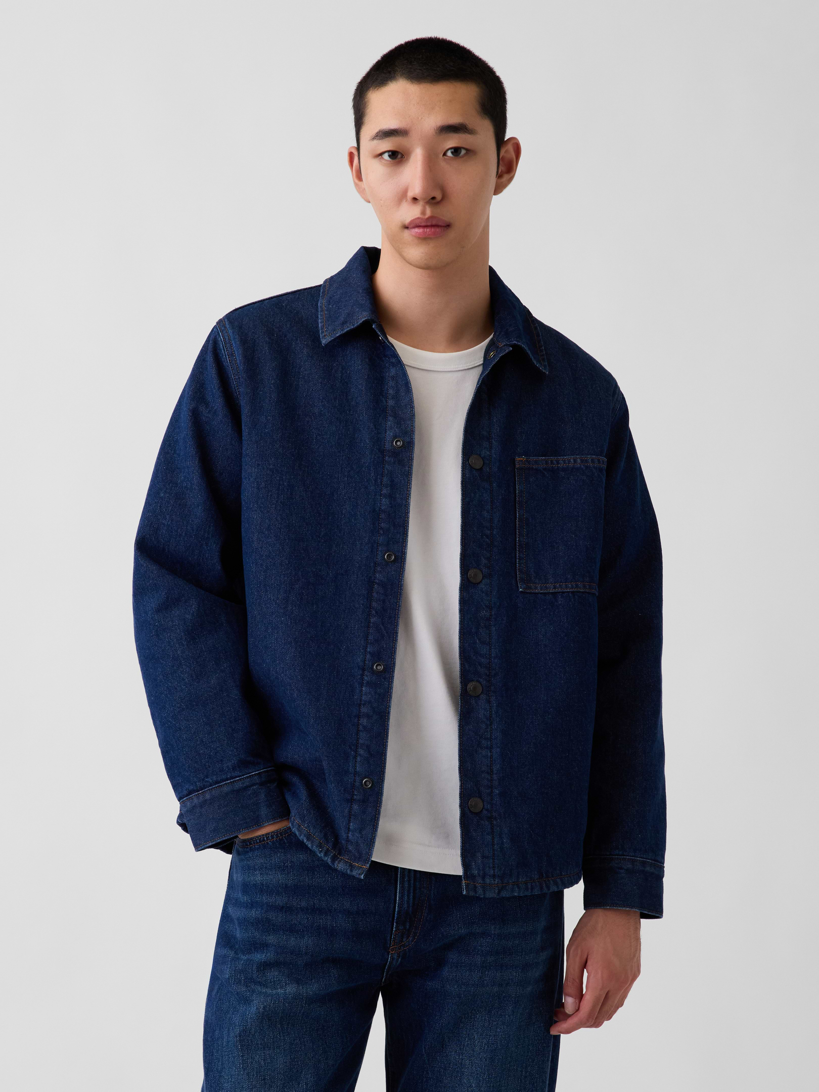 Image 1 of 5, Authentic, non-stretch denim shirt jacket. In a relaxed fit., Spread collar, snap button front., Long sleeves with snap button cuffs., Back yoke seam., Chest patch pocket., Straight hem., Dark wash., Quilted plaid lining., Responsibly Made: This denim jacket is part of our water-saving Washwell program. Compared with conventional wash methods, Washwell uses at least 20% less water., This product was made in a factory that invests in gender equity and women’s empowerment through RISE. Learn more at gapinc.com/equity ., Made with 50% Protocol cotton verified by the U.S. Cotton Trust Protocol, a program which works with farms committed to improving their environmental footprint by minimizing water usage and improving soil health (Claim No. 10127)., Made with 5% recycled cotton. Compared to virgin materials, using recycled materials helps reduce resource use and waste., Product #1186549