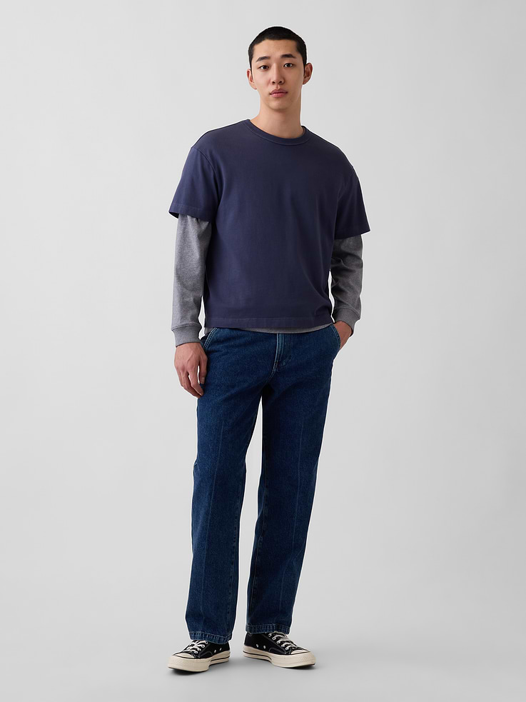 Image 1 of 7, Fit: Slim through the hip & thigh with a relaxed straight leg., Fabric: 100% Cotton., Stretch: No Stretch. Authentic rigid denim that gets better with every wear. Made to wear all day & break in over time. ​, Look: A four-pocket trouser jean in a dark indigo wash., Details: Zip fly, side slant pockets, and back welt pockets., Responsibly Made: This product is part of our water-saving Washwell program. Compared with conventional wash methods, Washwell uses at least 20% less water., Made with 52% Protocol cotton verified by the U.S. Cotton Trust Protocol, a program which works with farms committed to improving their environmental footprint by minimizing water usage and improving soil health (Claim No. 10127)., Made with 5% recycled cotton. Compared to virgin materials, using recycled materials helps reduce resource use and waste., This product was made in a factory that invests in gender equity and women’s empowerment through RISE. Learn more at gapinc.com/equity ., Product #1189456