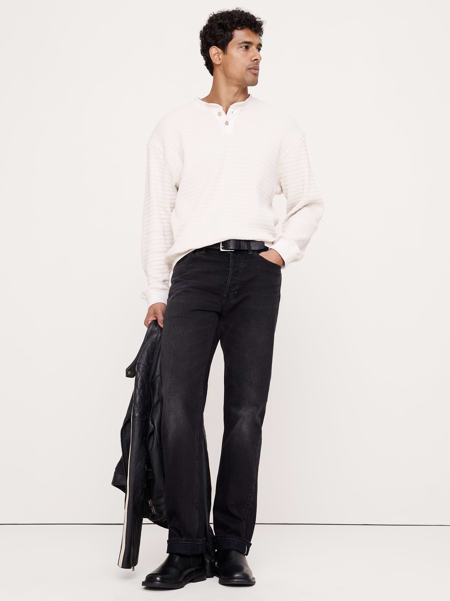 Image 1 of 6, Cut from soft cotton, this heavyweight shirt uses a textured waffle detail that makes it an easy go-to for dressing up on a cool day., Relaxed Fit: A straight & roomy fit. Dropped shoulder seam., Crew neck with henley placket., Straight hem., Product #906556
