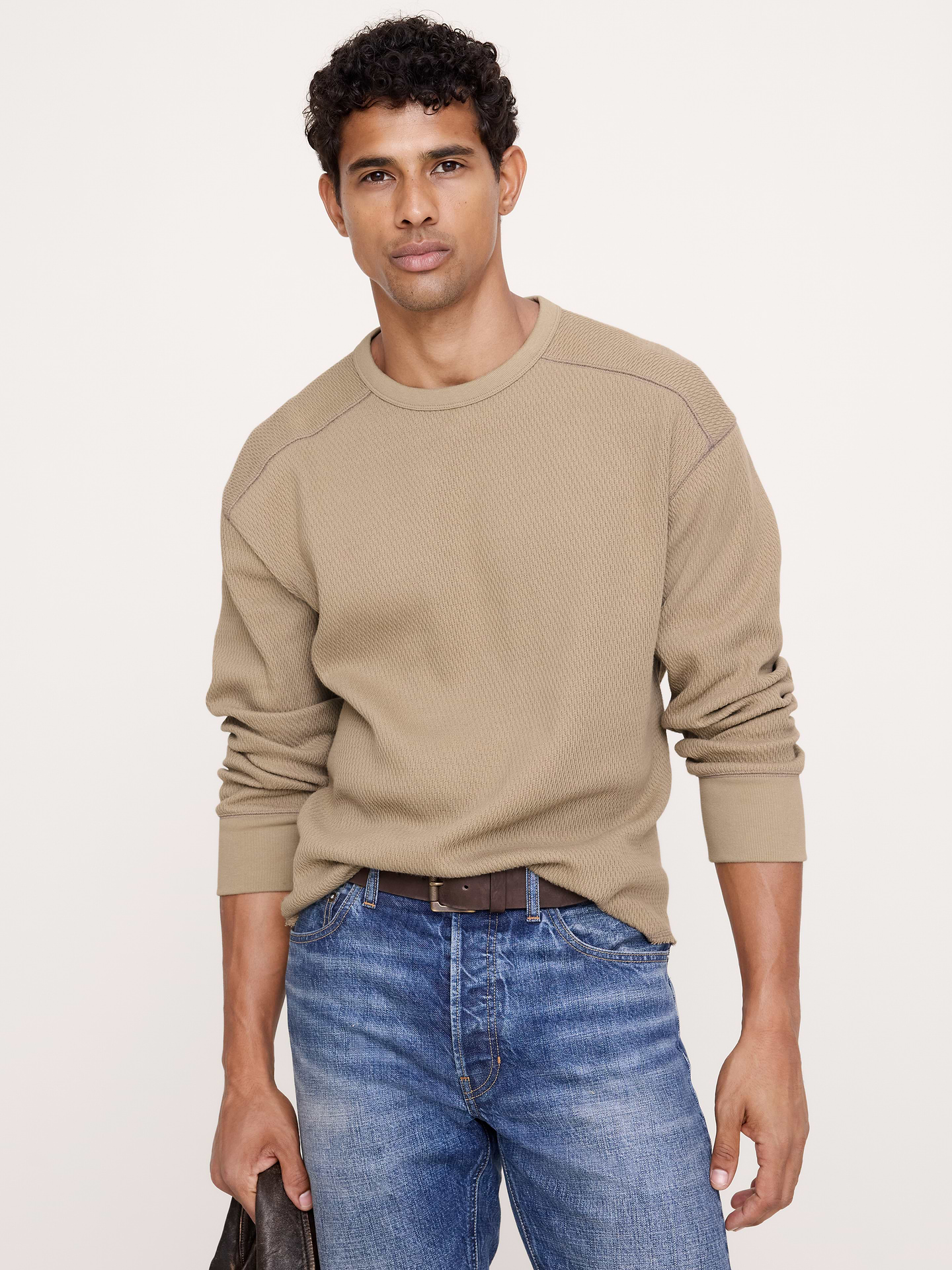 Image 1 of 7, Cut from soft cotton, this heavyweight shirt uses a textured waffle detail that makes it an easy go-to for dressing up on a cool day., Standard fit: A straight and easy fit., Crew neck., Straight hem., Product #906562