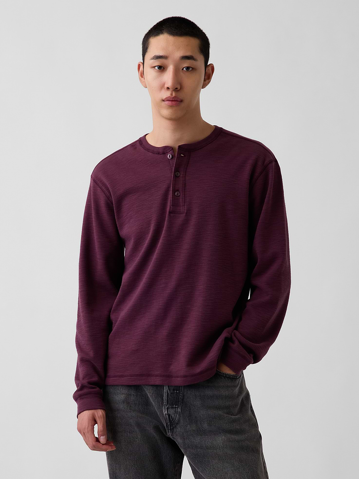 Image 1 of 5, Soft, brushed slub cotton Henley T-shirt. In a relaxed fit., Crewneck with front button placket., Long sleeves with drop shoulders and banded cuffs., Product #907261