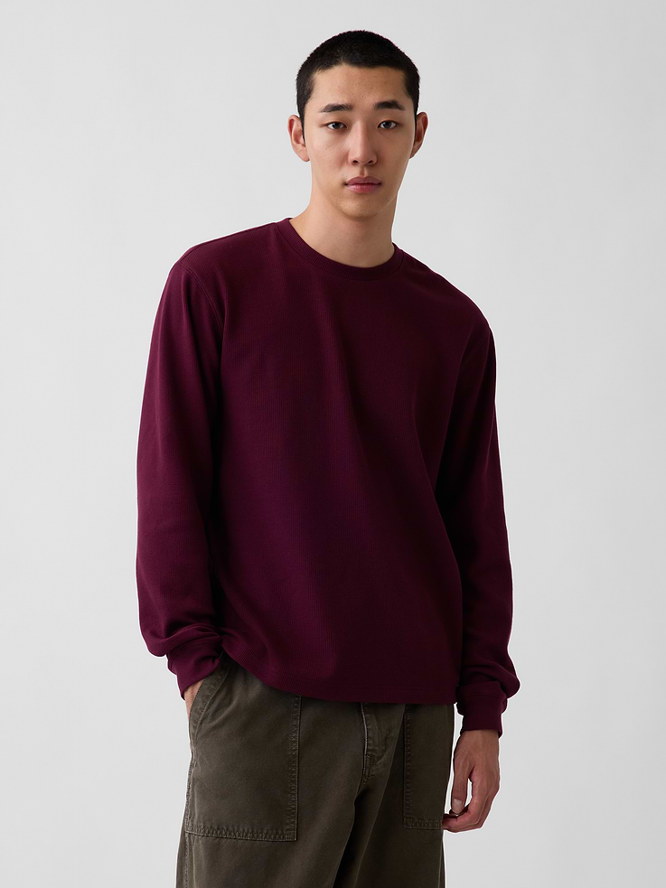 Image 1 of 5, Soft waffle-knit stretch cotton T-shirt. In a relaxed fit., Crewneck., Long sleeves with drop shoulders and banded cuffs., Product #907263