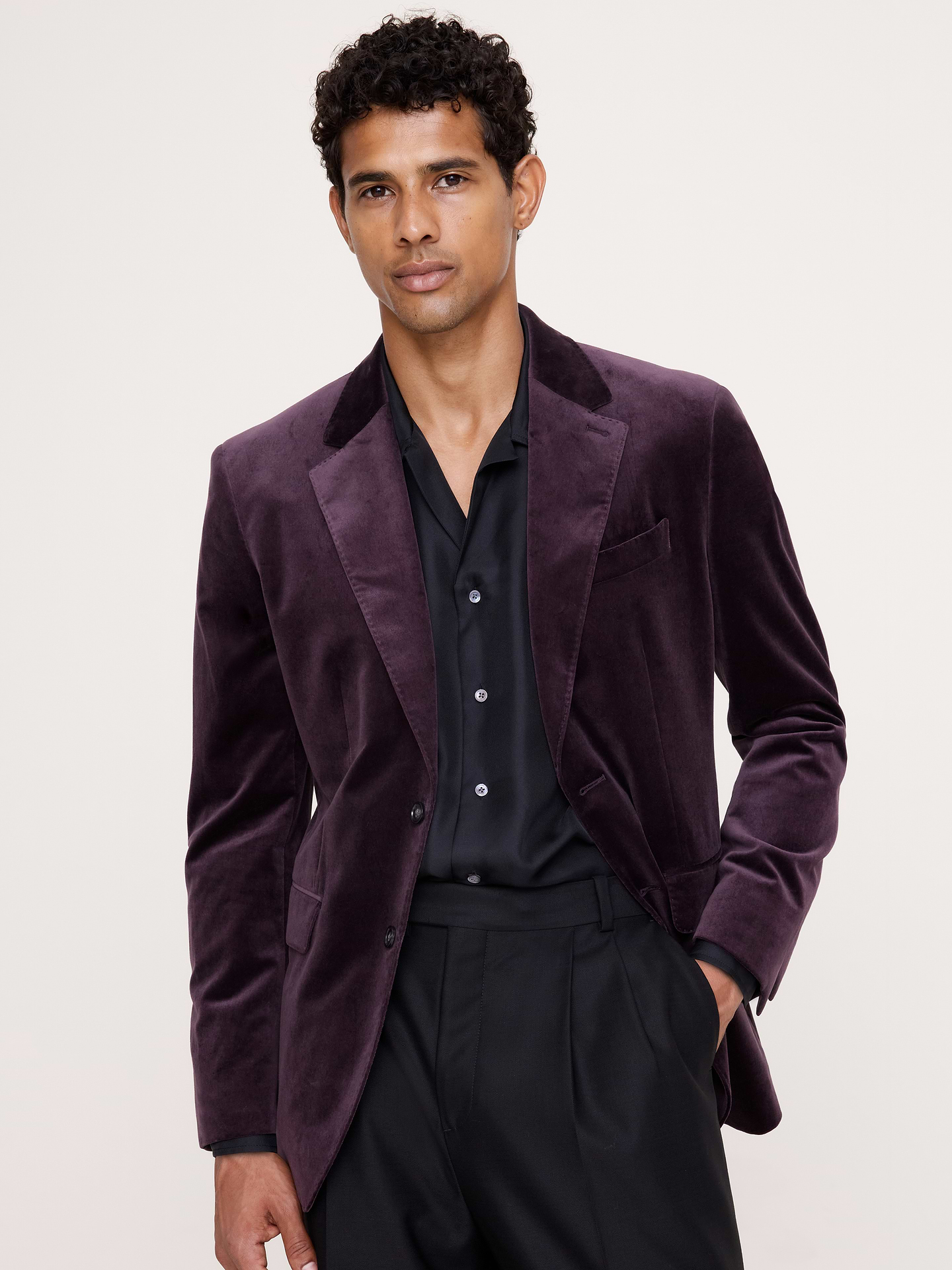 Image 1 of 5, We selected a soft cotton velvet for this statement blazer, opting to cut it plush-up to enhance its luster and add a more formal appearance., Tailored Slim Fit: Designed for ease of movement. Here, we opted for an English cut with a more structured shoulder construction., Notch lapel with 2-button front., Three exterior pockets, three interior pockets., Double back vent., Fully lined., Product #906641