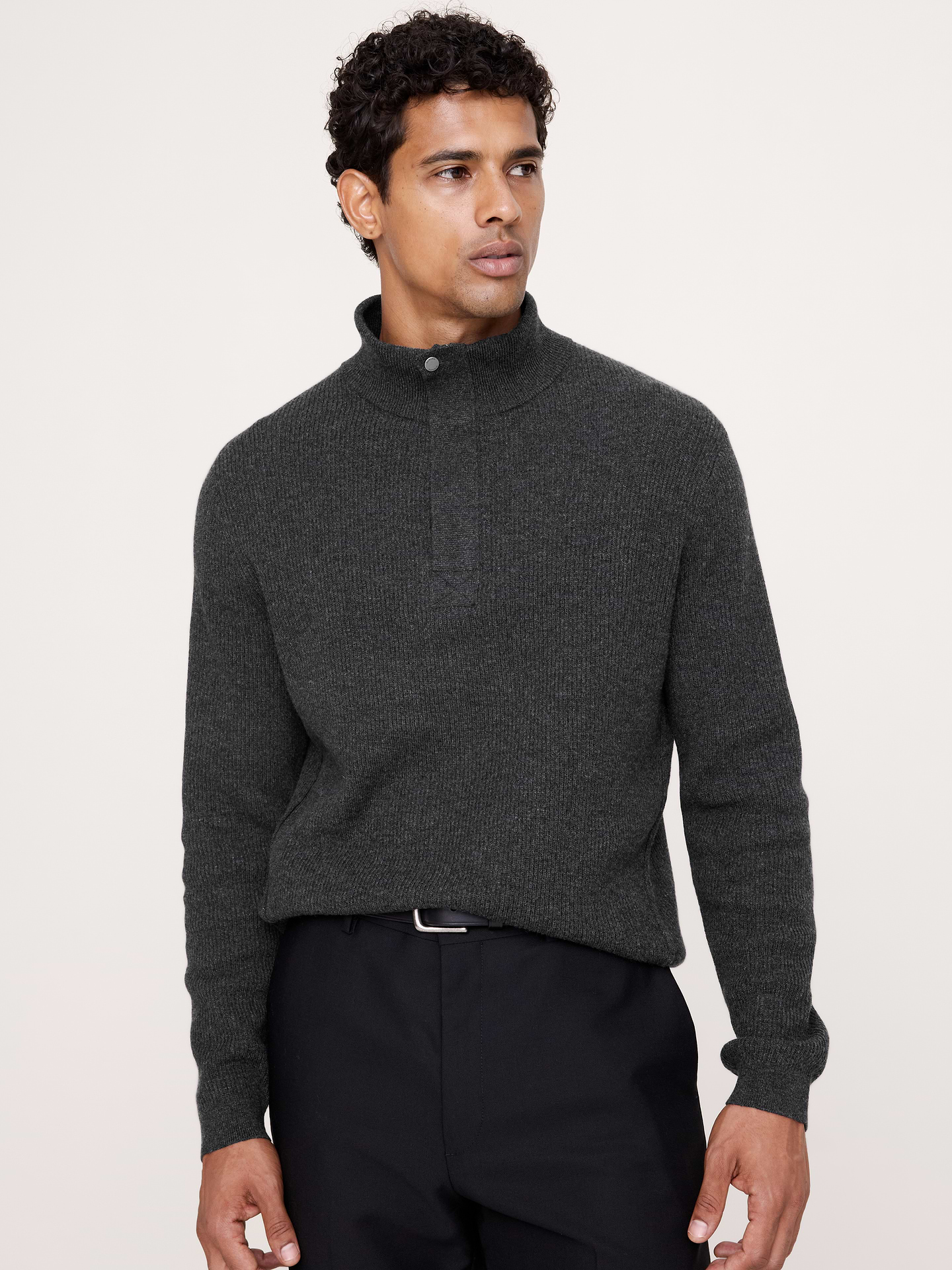Image 1 of 5, Look closely: this moto-inspired quarter-zip sweater uses the diagonal side seam shaping of the classic jacket. Crafted from a luxe Merino wool blend with ribbed-knit stitches and a mock neck., Standard fit: A straight and easy fit., Fabric from Italy's Filpucci mill., Mock neck with covered zip placket and hidden metal snap detail., Straight hem., Product #906652