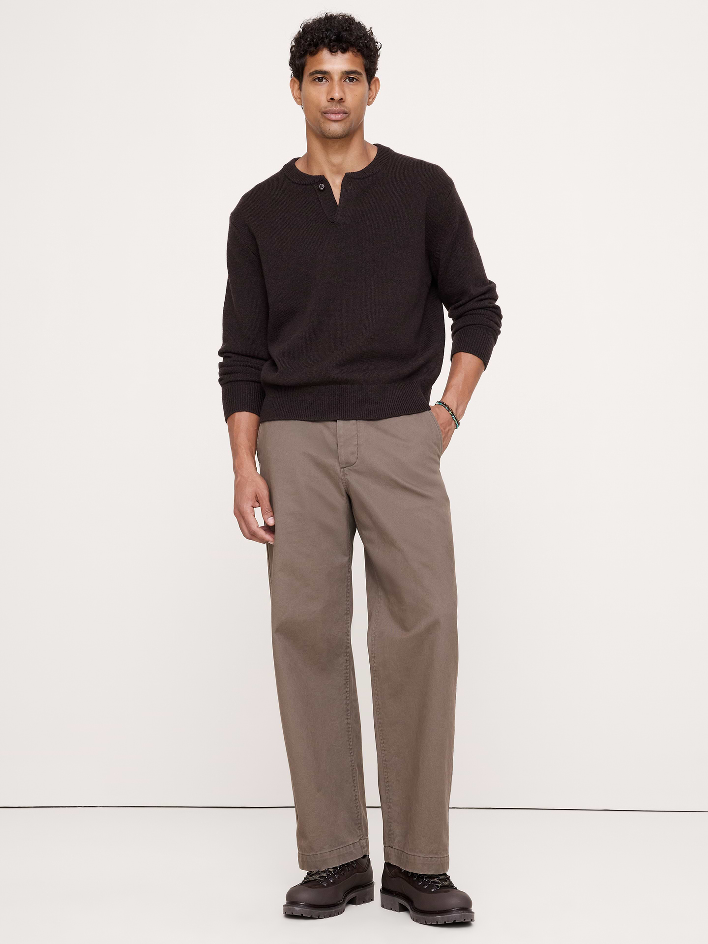 Image 1 of 5, Cut to flatter, this sweater is made from a warm Merino blend from Italy with a modern, single-button placket., Relaxed Fit: A straight & roomy fit. Dropped shoulder seam., Fabric from Italy's Filpucci mill., Crew neck with henley placket., Straight hem., Product #907518