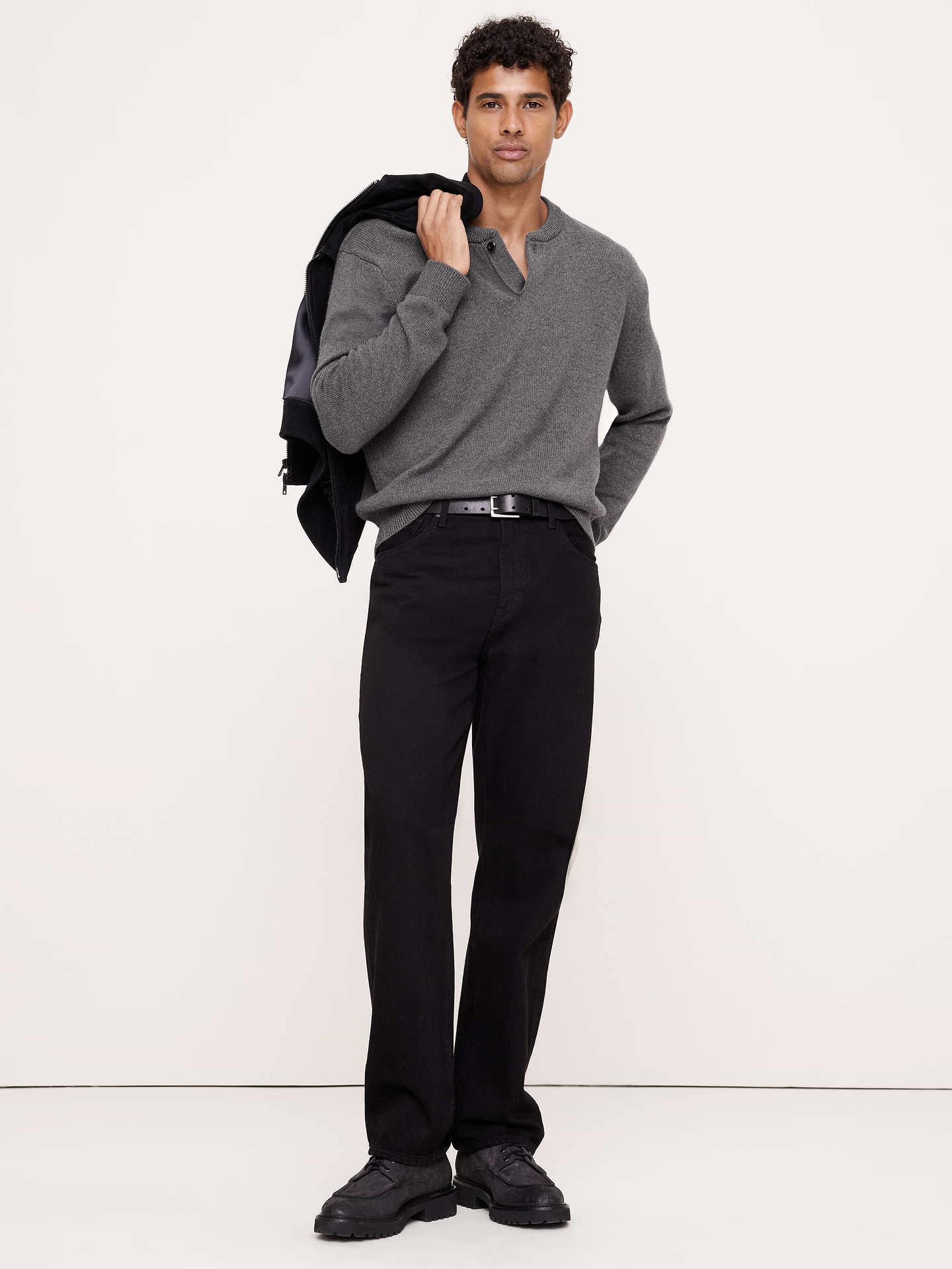 Image 1 of 5, Cut to flatter, this sweater is made from a warm Merino blend from Italy with a modern, single-button placket., Relaxed Fit: A straight & roomy fit. Dropped shoulder seam., Fabric from Italy's Filpucci mill., Crew neck with henley placket., Straight hem., Product #907518