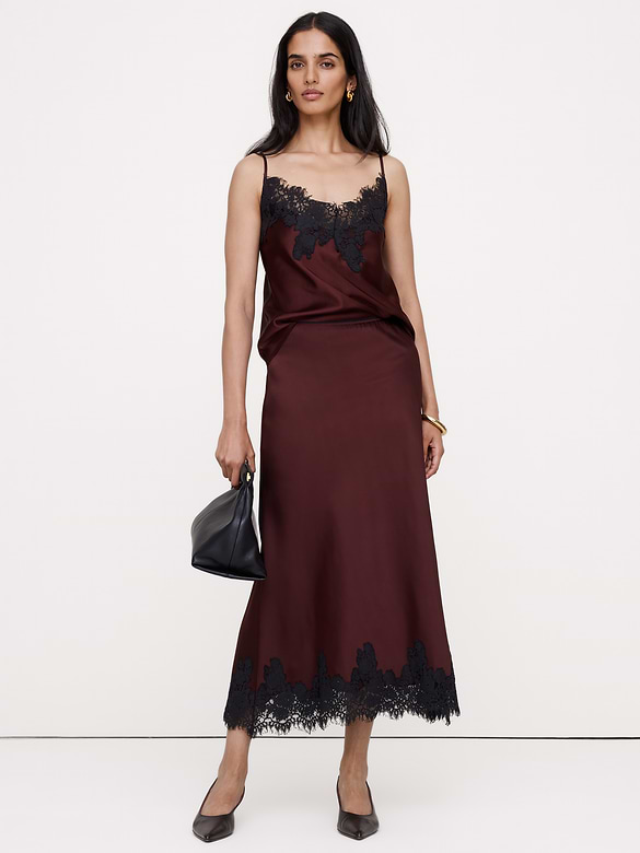 Stretch-Satin Lace-Trim Midi Skirt