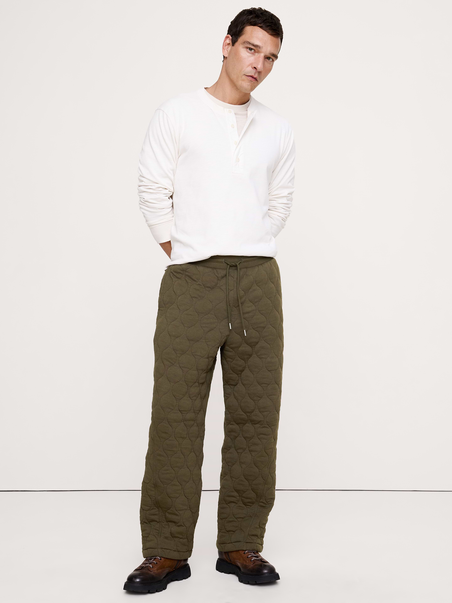 Image 1 of 5, Cut from soft cotton in a jacquard weave, this pull-on pant is finished with onion-quilting for texture and warmth. Go ahead, pair it with the matching pullover., Relaxed Fit: Mid-rise. Relaxed through the hips with a straight leg., Drawstring waist., Side pockets. Back pocket., Product #914147