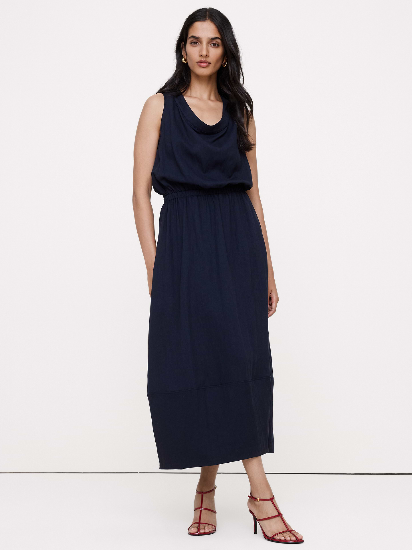 Image 1 of 6, We cut this midi dress in our drapey twill so it's a bit more dressed up and added a rolled neck—effortless from every angle., Blouson fit: Relaxed through chest and shoulders, defined waist with a flare skirt., Mock neck., Product #915709