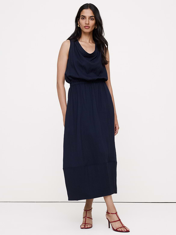 Drapey Twill Cowl-Neck Midi Dress