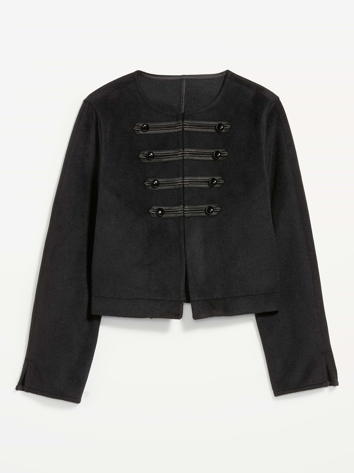 Image 1 of 2, round neckline, long sleeves, military-inspired decorative front closures, cropped length, Product #1181341