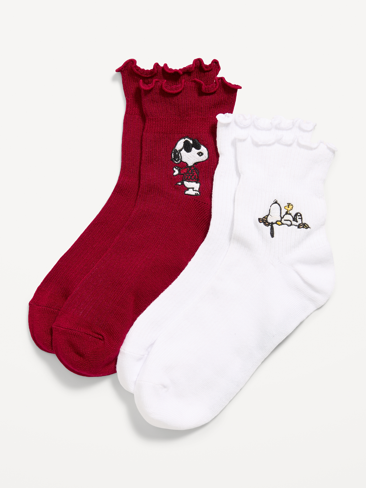 Image 1 of 1, includes 2 pairs of socks for women, ruffled openings, notched toe seams, © 2026 Peanuts Worldwide LLC, Product #1183752