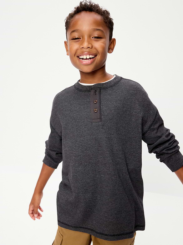 Oversized Long-Sleeve Waffle Knit Henley T-Shirt for Boys