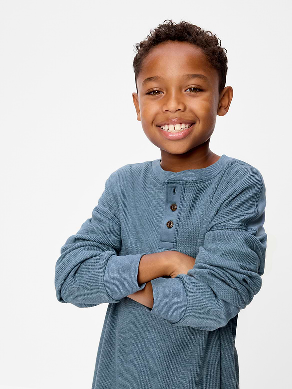 Oversized Long-Sleeve Waffle Knit Henley T-Shirt for Boys