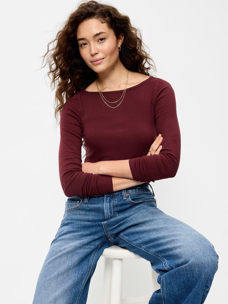 Image 1 of 6, A skimming fit that hugs your bod just right., boatneck, long sleeves, Product #909484
