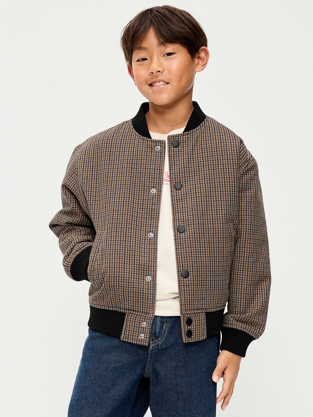 Image 1 of 3, standing rib-knit collar, long sleeves, full-length buttoned placket, welt pockets, rib-knit hem, Product #1182766