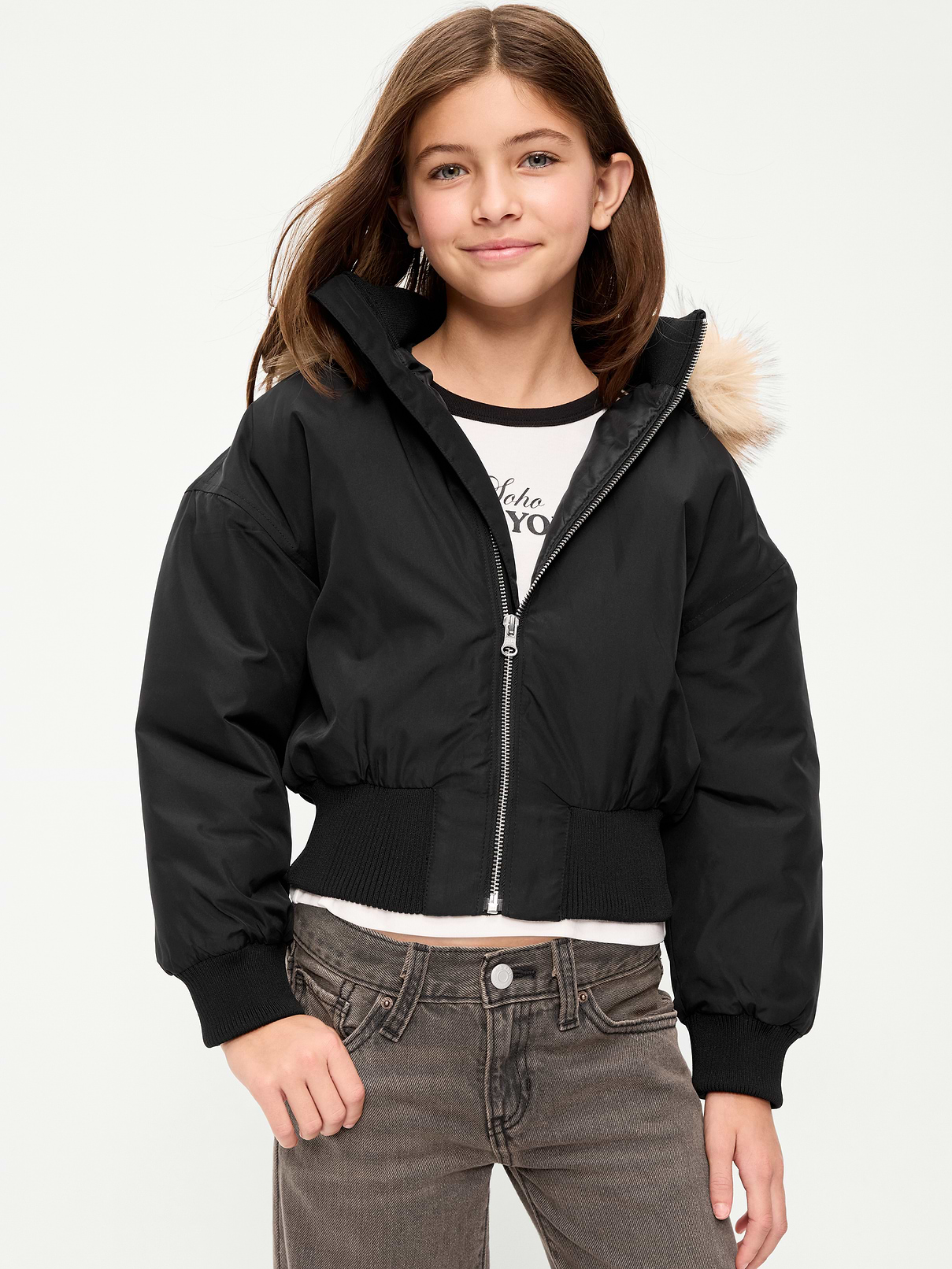Image 1 of 5, built-in hood, faux fur trim along hood, long sleeves, full length zipper, Product #908218