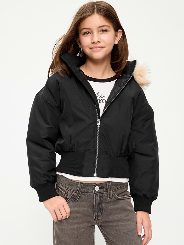 Water-Resistant Oversized Faux-Fur Trim Bomber Jacket for Girls