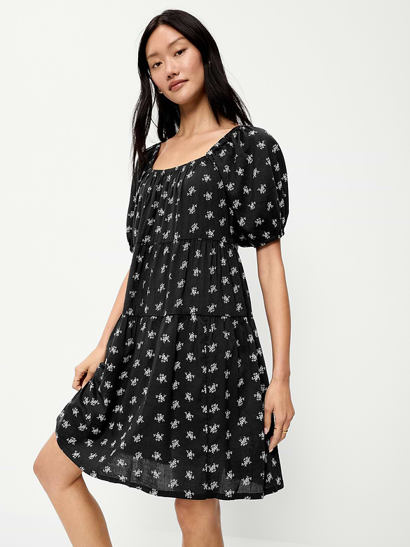 Puff-Sleeve Smocked Mini Swing Dress