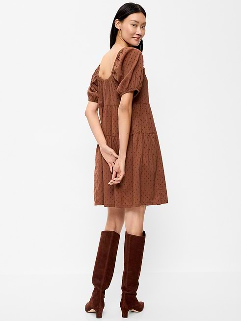 old navy swing jersey dress Puff-Sleeve Mini Hunter Green Rose Gold