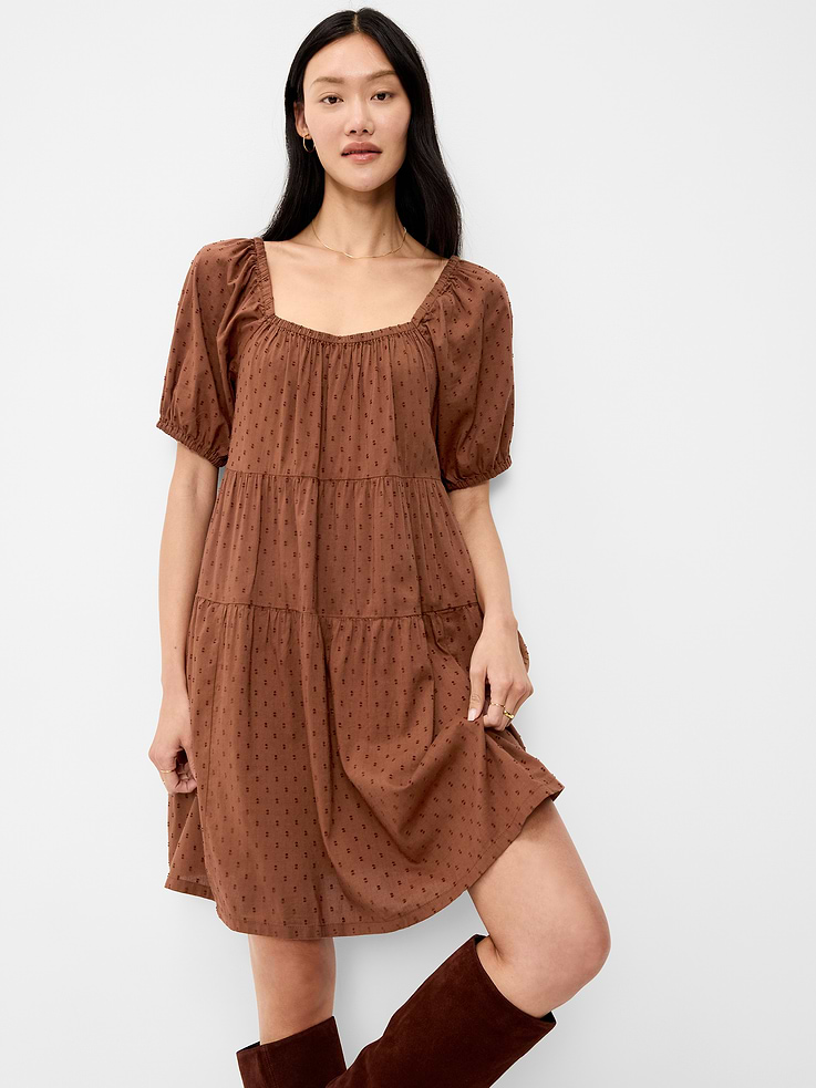 Image 1 of 9, square neck, short puff sleeves, shirred tiered skirt, Product #908847