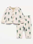 Image 1 of 3, v neck, long sleeves, full length button front, matching pants, elasticized waistband, functional drawstring, rolled cuffs, all-over print, Product #908425
