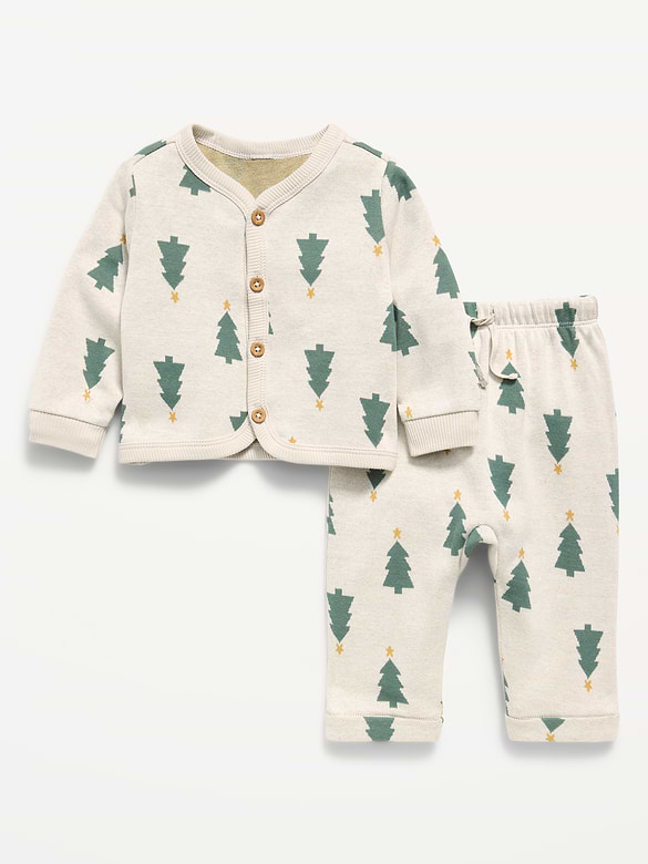 Printed Long-Sleeve Button-Front Top and Pants Set for Baby