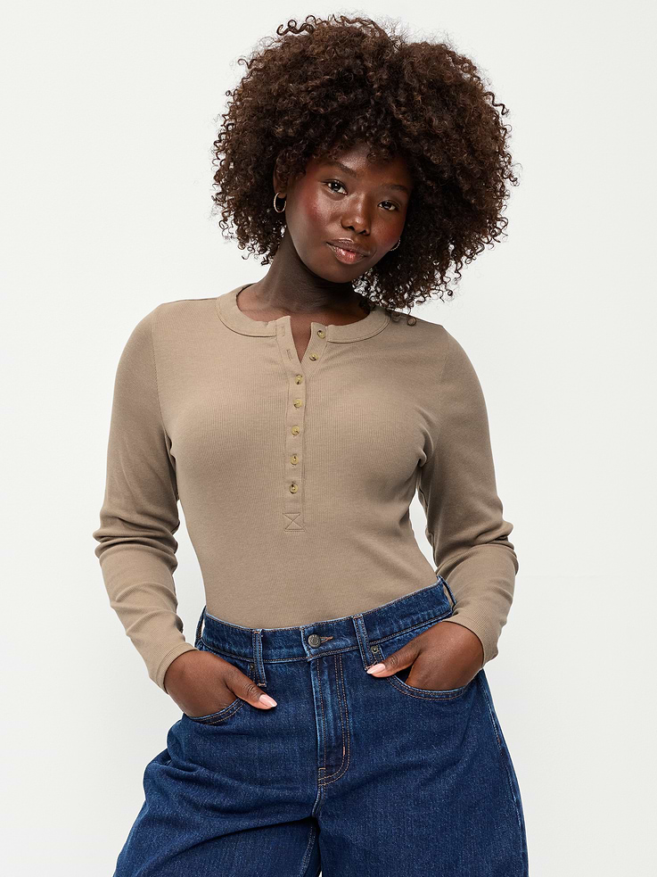 Image 3 of 6, Snug Long-Sleeve Ribbed Henley T-Shirt
