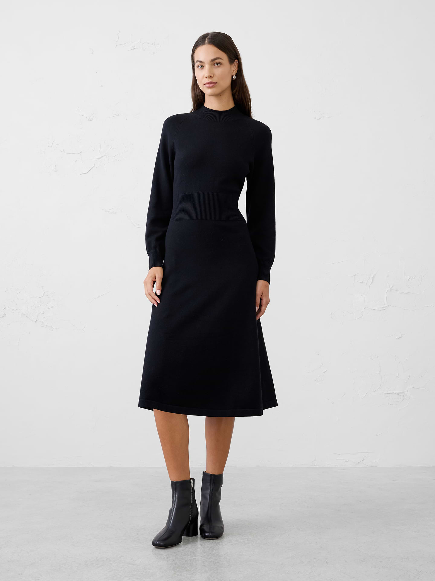 Image 1 of 3, A cozy turtleneck and defined ribbed waist create a flattering silhouette that’s both comfortable and refined. Soft and easy to wear, this midi sweater dress delivers effortless sophistication for workdays, weekends, and everything in between., Ribbed turtleneck. Long raglan sleeves with extended ribbed cuffs., Wide ribbed waistband defines the waist and creates a flattering silhouette., Flared skirt., Made exclusively for Banana Republic Factory., Product #1185670
