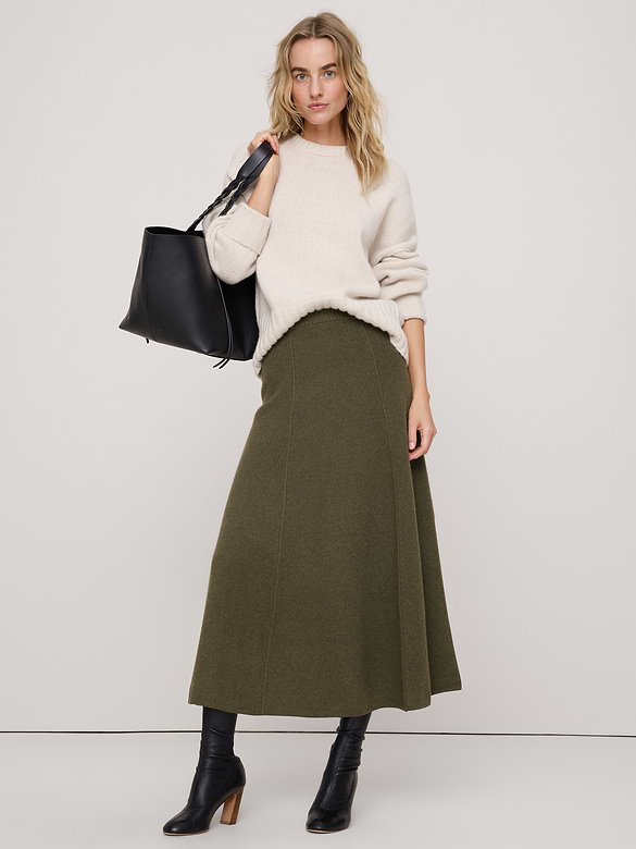Jupe-chandail mi-longue en tricot de laine et coton