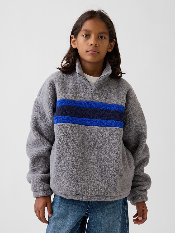 Image 1 of 6, Soft sherpa pullover. In a relaxed fit., Mockneck with quarter-zip closure., Long sleeves with drop shoulders., Pieced stripes at front., Elasticized cuffs and hem., This product was made in a factory that invests in gender equity and women’s empowerment through RISE. Learn more at gapinc.com/equity ., Product #1184266