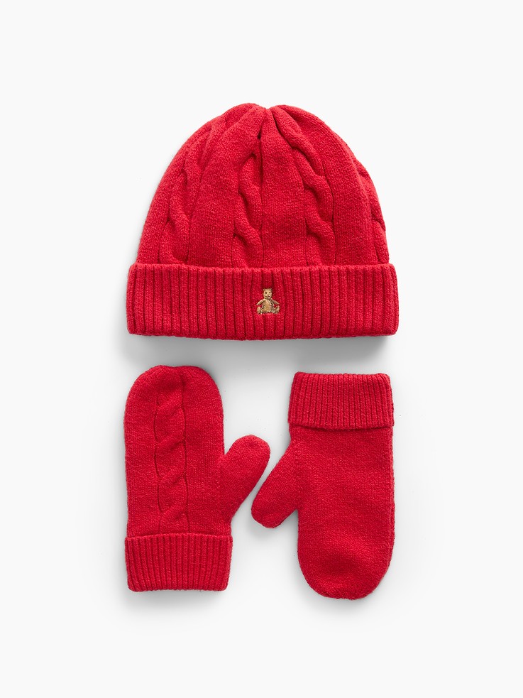 Image 1 of 2, Our bestselling fabric that feels cashmere-soft. Crafted in a midweight plush yarn. Refined with a special brushed technique. It's everyday luxury., Supersoft, cable-knit beanie hat and mittens cold-weather accessories set., Embroidered Brannan Bear at beanie., Ribbed cuffs., Note: Sizes 0-6 months do not feature thumb holes., This product was made in a factory that invests in gender equity and women’s empowerment through RISE. Learn more at gapinc.com/equity ., Product #1184960