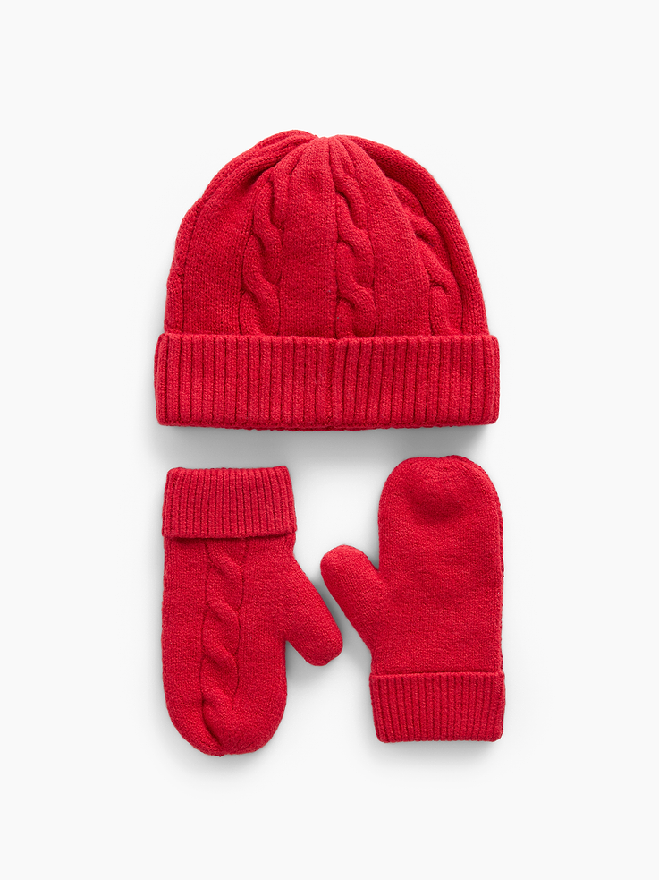 Image 2 of 2, Baby & Toddler CashSoft Cable-Knit Beanie & Mittens Set