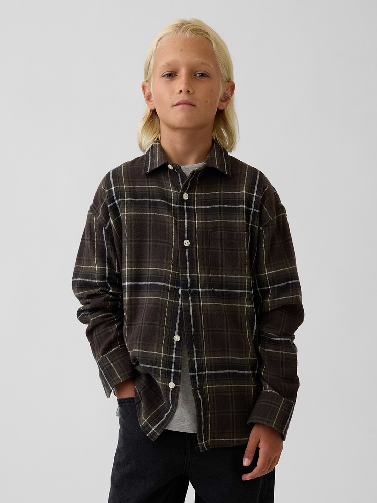 Image 1 of 5, Soft cotton flannel button-up shirt. In a relaxed fit., Spread collar, button front., Long sleeves with button cuffs., Back yoke seam., Chest patch pocket., Allover plaid., Product #911789