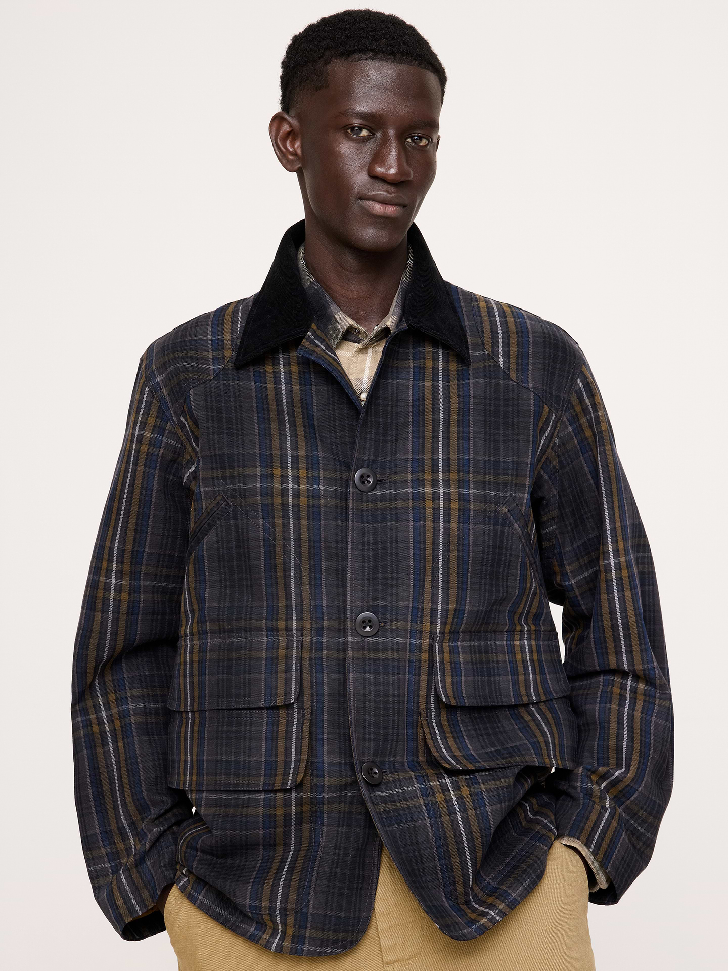 Image 1 of 8, A plaid cotton canvas barn coat with a corduroy collar that's built for layering and ready for whatever the season brings., Relaxed Fit: A straight & roomy fit with a dropped shoulder seam., Spread collar with button front., Front pockets., Lined., Product #906599