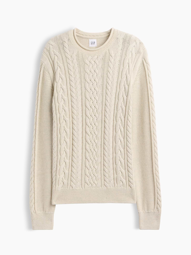 Image 5 of 5, 100% Cotton Relaxed Cable-Knit Crewneck Sweater