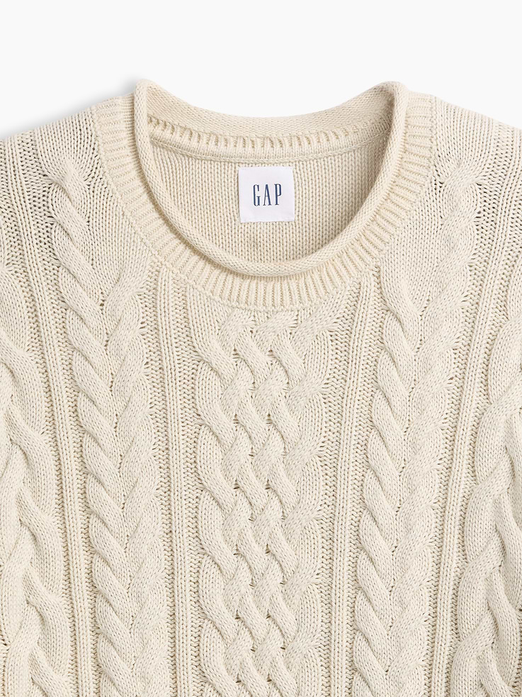 Image 4 of 5, 100% Cotton Relaxed Cable-Knit Crewneck Sweater