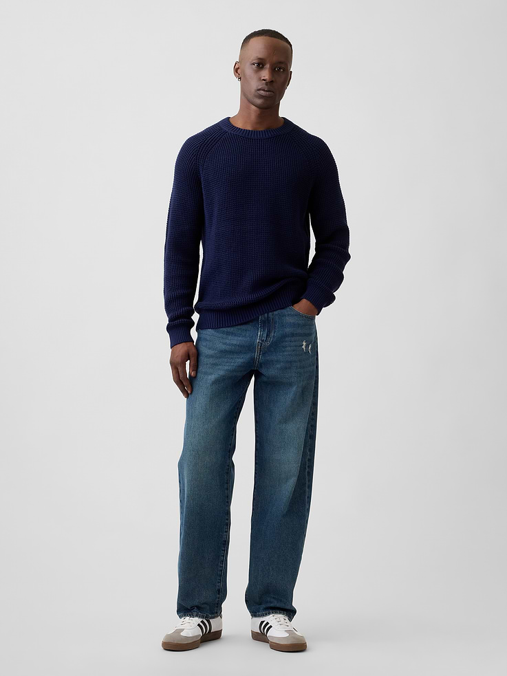 Image 3 of 5, 100% Cotton Waffle-Knit Crewneck Sweater