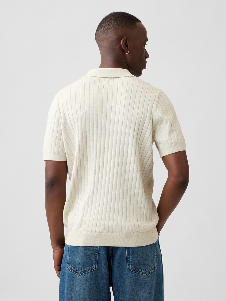 Image 2 of 5, 100% Cotton Relaxed Ribbed Johnny Collar Polo Sweater