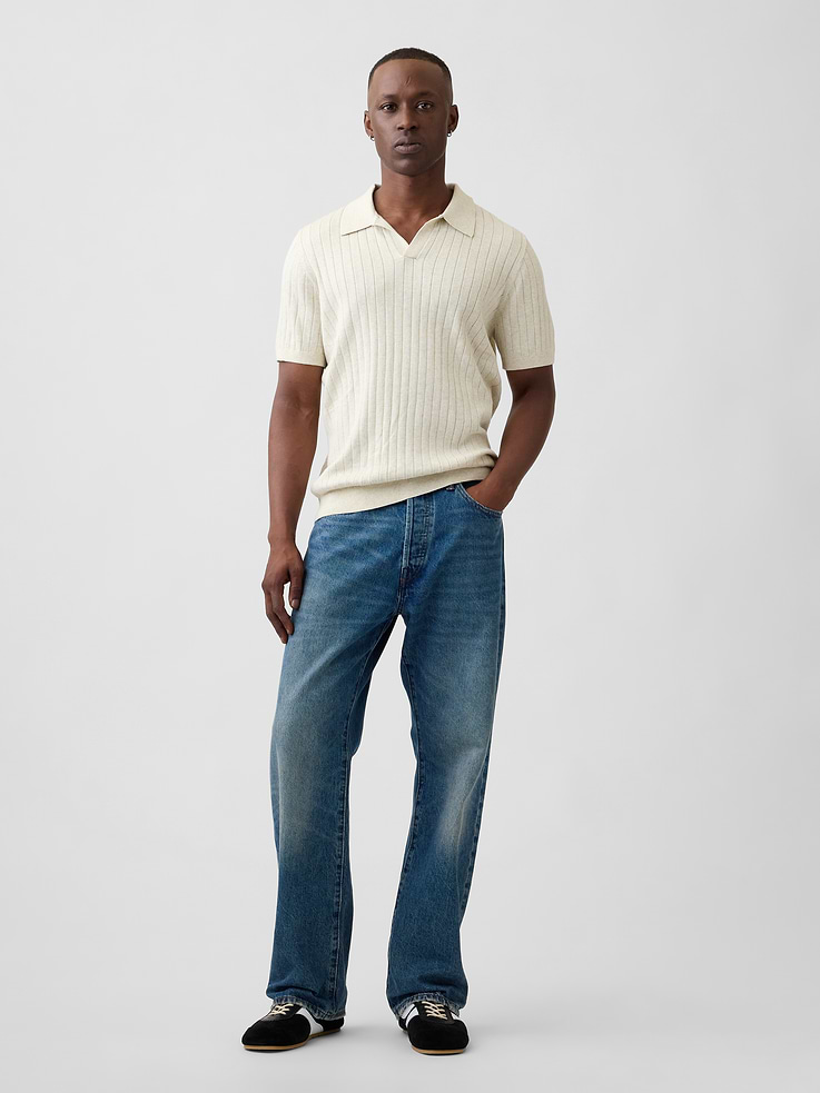 Image 3 of 5, 100% Cotton Relaxed Ribbed Johnny Collar Polo Sweater