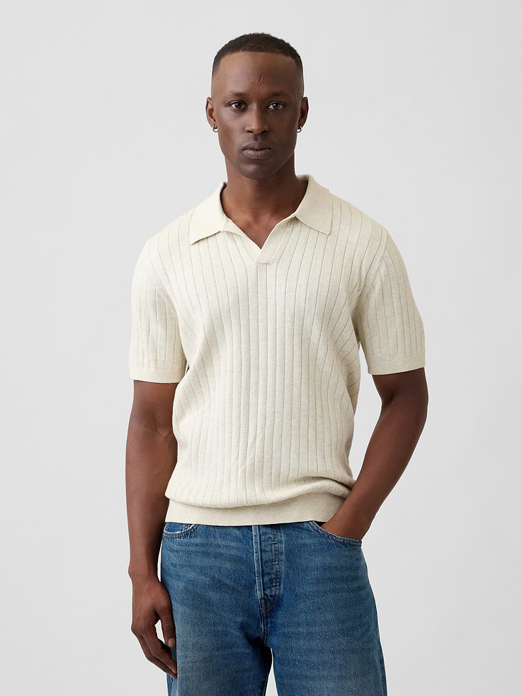 Image 1 of 5, Ribbed cotton knit., Short sleeves., Jonny collar., Banded hem., This product was made in a factory that invests in gender equity and women’s empowerment through RISE. Learn more at, Product #1178474