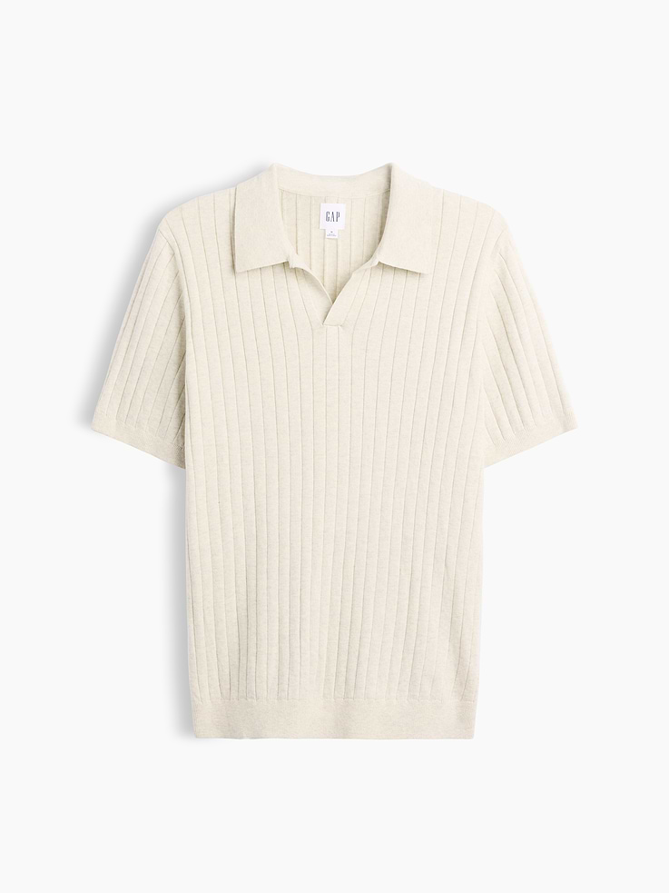 Image 5 of 5, 100% Cotton Relaxed Ribbed Johnny Collar Polo Sweater