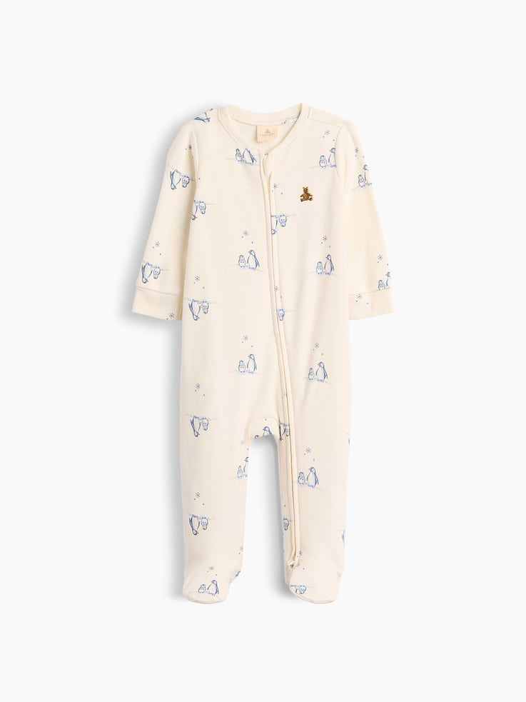 Image 1 of 3, Tiny-rib knit., Long sleeves with banded cuffs., Crewneck, zip front., Embroidered Brannan Bear at chest., Attached feet., Select styles have allover print or plaid., This product was made in a factory that invests in gender equity and women’s empowerment through RISE. Learn more at, Product #1182534