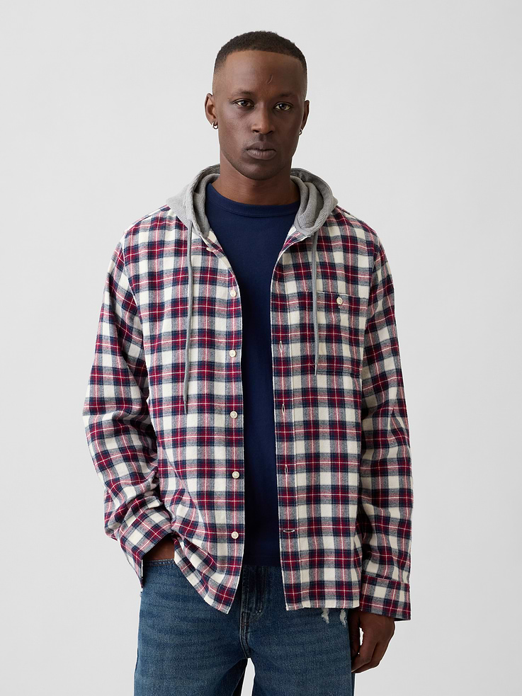 Image 1 of 5, Smooth flannel weave., Long sleeves with button cuffs., Drawcord ties at waffle-knit hood, button front., Patch pocket at chest., Allover plaid., This product was made in a factory that invests in gender equity and women’s empowerment through RISE. Learn more at, Product #1186762