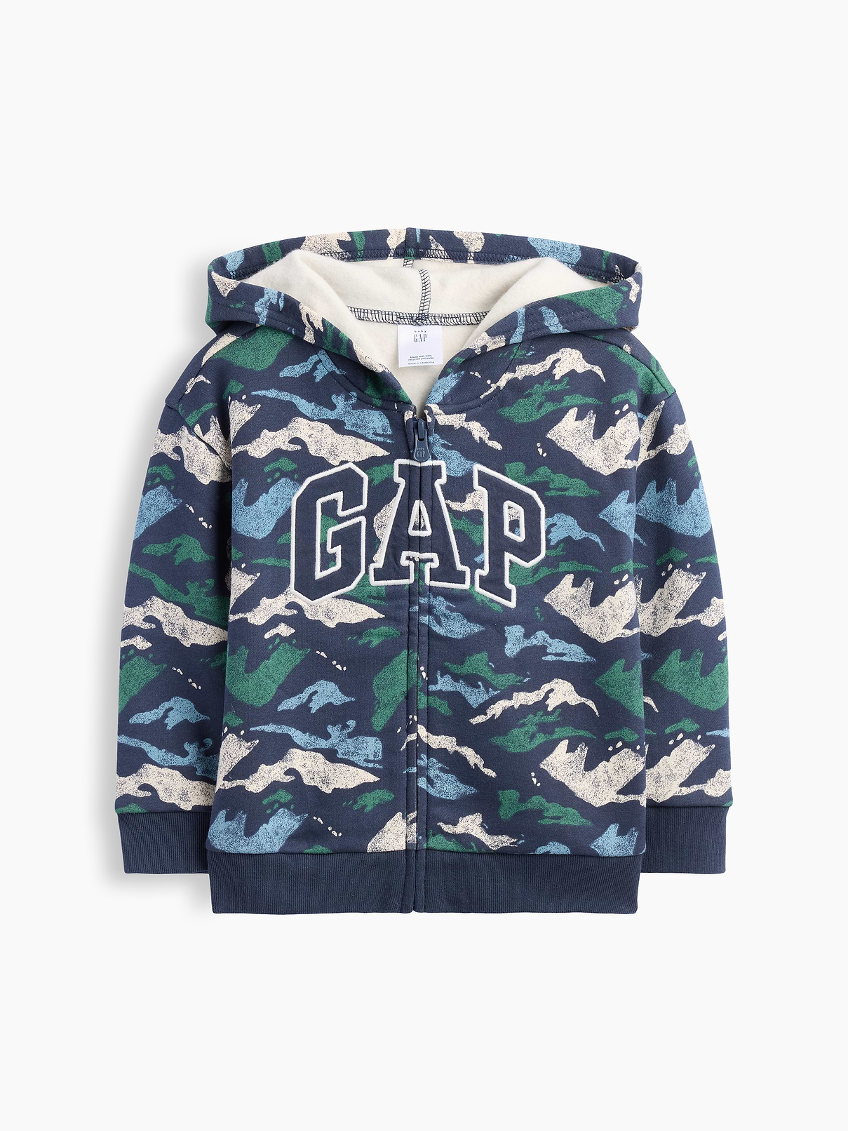 Image 1 of 3, This product is made with/contains 23% recycled polyester. Compared to virgin materials, using recycled materials helps reduce resource use and waste., Soft, comfy fleece., Dropped shoulder, long sleeves with banded cuffs., Hood, zip front., Gap logo at front., Banded hem., Select styles have allover print., Product #1184812