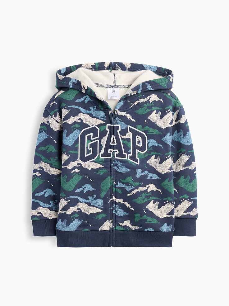 Image 1 of 3, This product is made with/contains 23% recycled polyester. Compared to virgin materials, using recycled materials helps reduce resource use and waste., Soft, comfy fleece., Dropped shoulder, long sleeves with banded cuffs., Hood, zip front., Gap logo at front., Banded hem., Select styles have allover print., Product #1184812