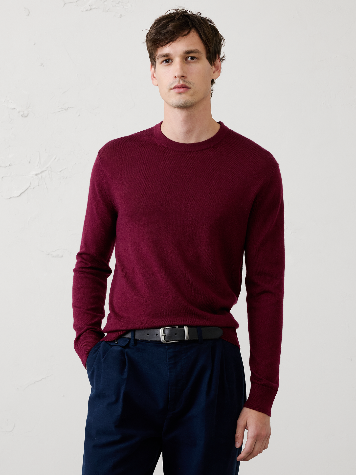 Image 1 of 8, WASHABLE MERINO WOOL: Skip the dry cleaners, this 100% Merino wool sweater is lightweight, comfortable, moisture wicking, odor resistant and machine washable., Crew neck. Long sleeves., Ribbed neck, arm cuffs and hem., Straight hem., Made exclusively for Banana Republic Factory., Product #486773